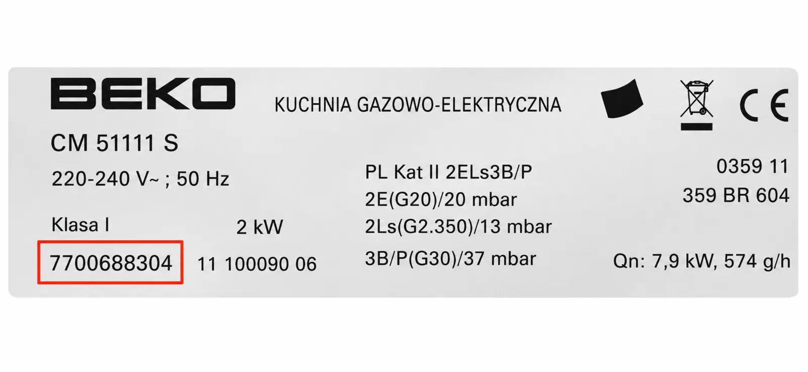 Tabliczka Beko z zaznaczonym numerem Stock No.