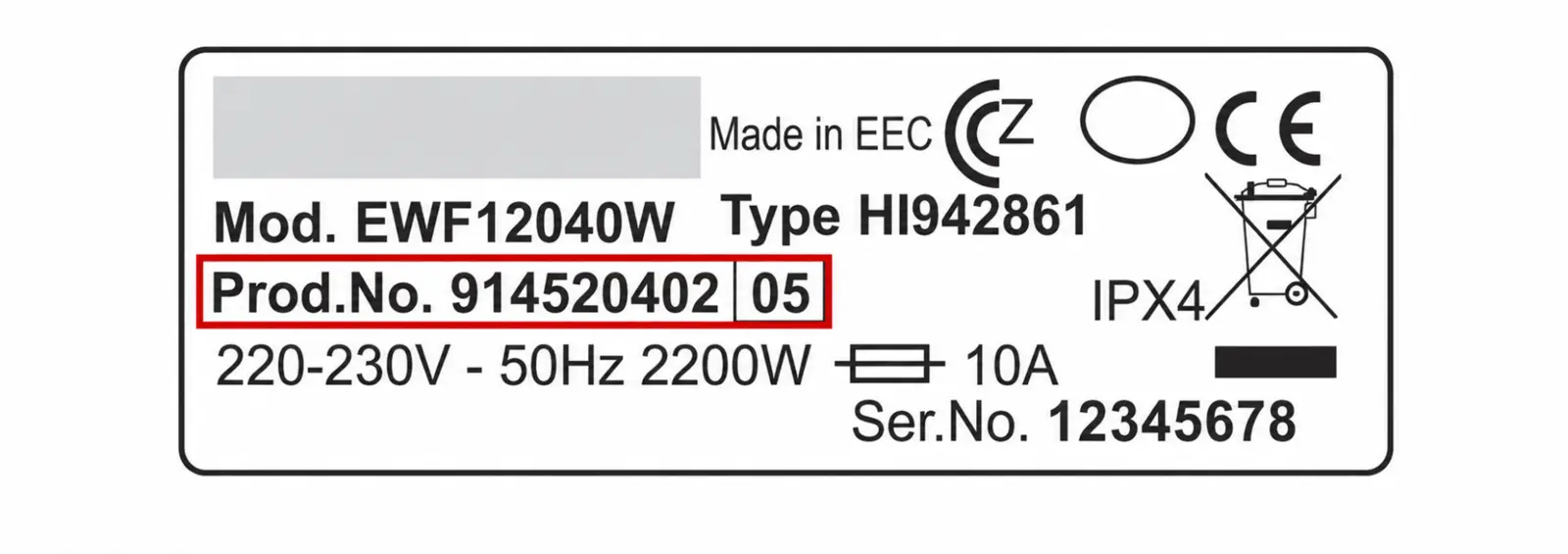 Tabliczka Electrolux z zaznaczonym numerem PNC